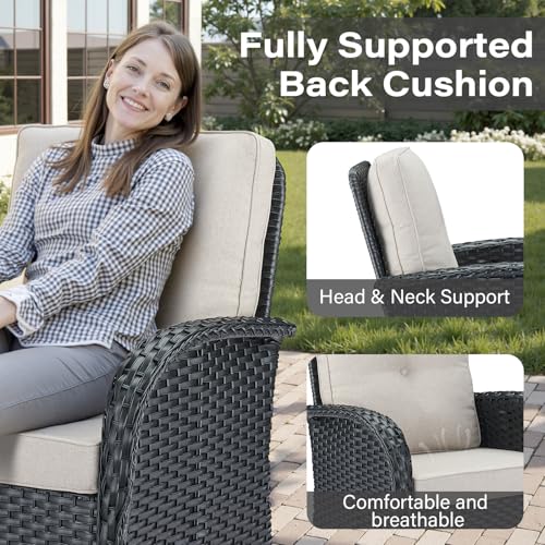 Patio Wicker Chairs Swivel Rocker - Outdoor Swivel Rocking Chairs Set of 2 with Rattan Side Table, Patio Swivel Glider Chair 3 Piece Patio Furniture Sets for Deck Porch Pool Brown/Blue