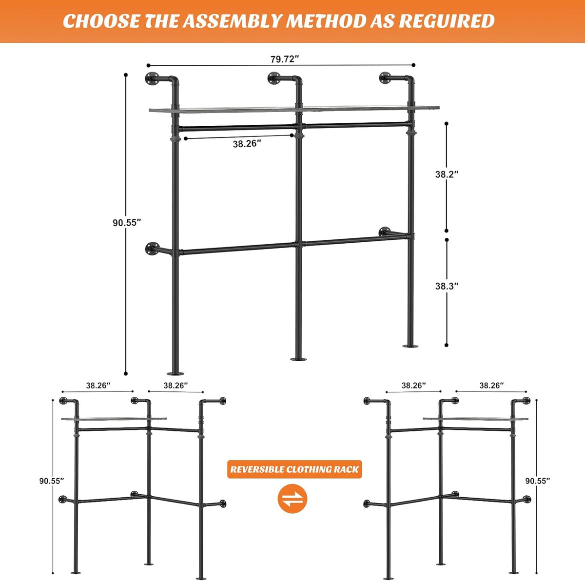 Aheaplus Industrial Pipe Clothing Rack, Reversible 79.7” Clothes Rack for Hanging Clothes, Heavy Duty Garment Racks Closet Wardrobe with LED Lights& Shelves, Walk-in Closet System, Black