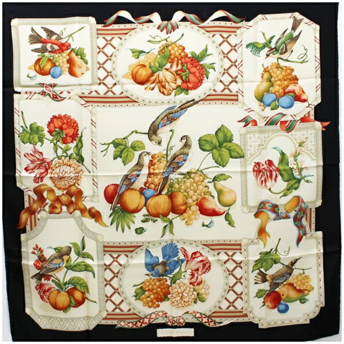 Pre-Owned Salvatore Ferragamo Ferragamo Silk Scarf Muffler Black x Ivory Tori Salvatore Women's (Good)