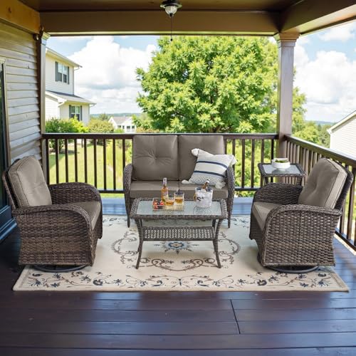 Patio Wicker Chairs Swivel Rocker - Outdoor Swivel Rocking Chairs Set of 2 with Rattan Side Table, Patio Swivel Glider Chair 3 Piece Patio Furniture Sets for Deck Porch Pool Brown/Blue