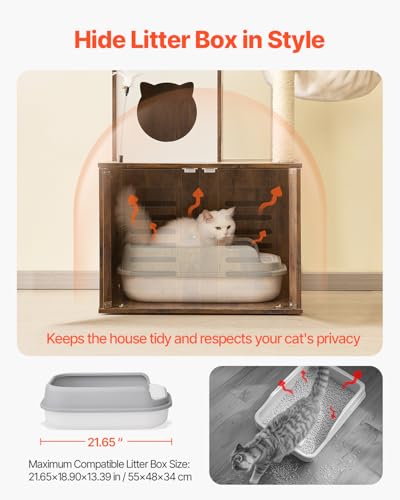 VEVOR Large Cat Tree with Litter Box Enclosure, 55.12 inches Tall, 2-in-1 Cat Tower, Multi-Level Cat Condo Furniture with Perches, Sisal Scratching Posts, Hammock, Big Kittens House for Indoor Cats