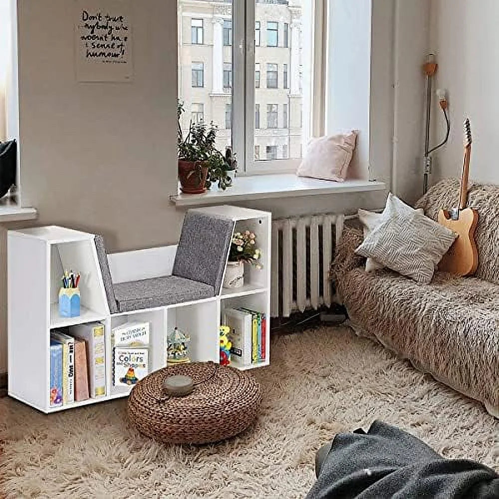 HJZBNONE 6-Cubby Bookcase w/Cushioned Reading Nook Multi Purpose Organizer Cabinet with Soft Cushion and Thick Wood Board for Children Girls & Boys Bedroom Decor Room (Modern Whit