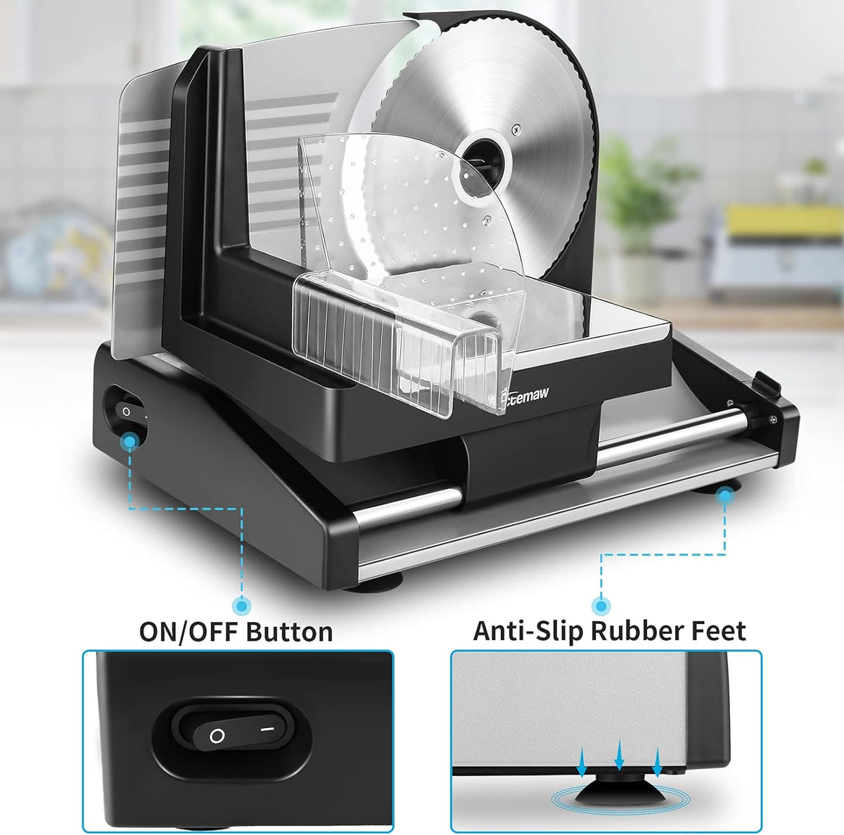 Meat Slicer, 7.5 Electric Deli Food Slicer with 2 Removable Stainless Steel Blades, Adjustable Thickness Meat Slicer for Home Use, Cuts Frozen Meat, Cheese, Bread, Vegetables, Easy to Clean, Black