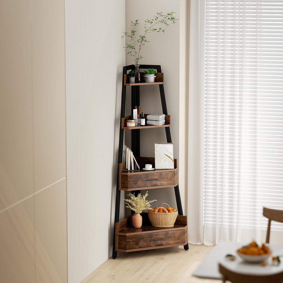 Elsie&Mi 55.1 Inch Tall Corner Shelf, 4-Tire 2 Drawers Corner Cabinet, Storage Rack for Living Room, Office, Kitchen, Basement, Bedroom, Rustic Brown