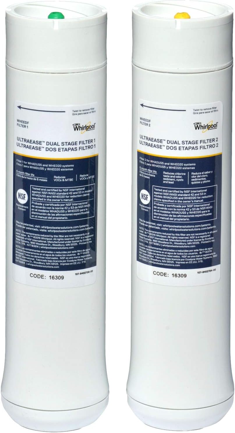 Whirlpool WHEEDF Dual Stage Replacement Pre/Post Water Filters | Fits WHADUS5 & WHED20 Filtration Systems | 1 Set, Pack of 2, Grey , Gray Pack of 2