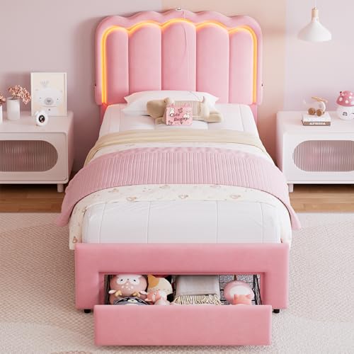 Twin Upholstered LED Bed Frame with Storage Drawer and Adjustable Chic Double Wavy Headboard, Velvet Princess Platform Bed for Kids/Girls, Solid Wood Slats Support, No Box Spring Needed, Beige