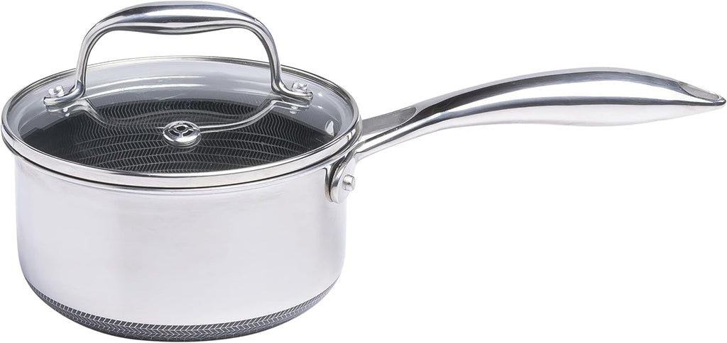 HexClad 1 Quart Hybrid Pot with Glass Lid - Non Stick Saucepan, Easy to Clean, Dishwasher & Oven Safe - Perfect for Making Sauces, Reheating Soups, Stocks, Cooking Grains
