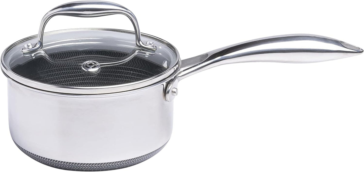 HexClad 1 Quart Hybrid Pot with Glass Lid - Non Stick Saucepan, Easy to Clean, Dishwasher & Oven Safe - Perfect for Making Sauces, Reheating Soups, Stocks, Cooking Grains