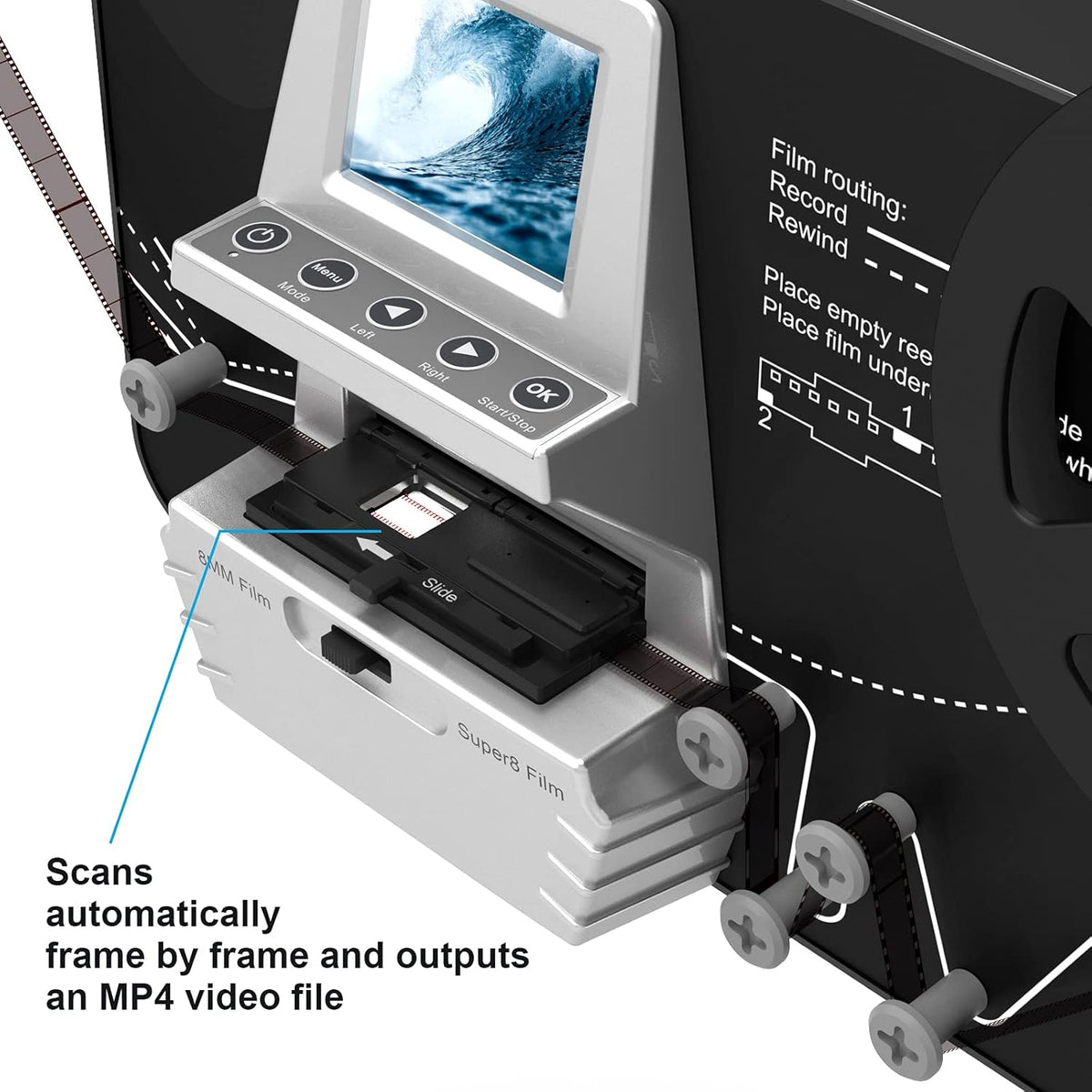 8mm & Super 8 Reels to Digital MovieMaker Film Sanner Converter, Pro Film Digitizer Machine with 2.4 LCD, Convert 5 inch and 8 inch 8mm Super 8 Film reels into 1080P Digital Videos