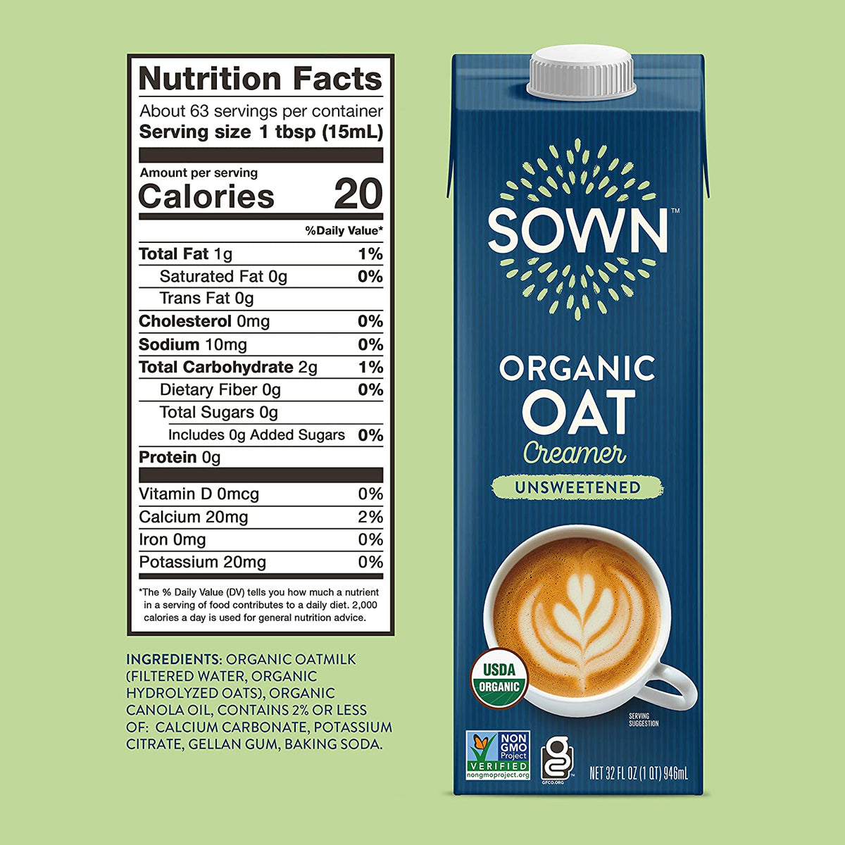 SOWN Organic Oat Creamer Unsweetened - Barista Oat Milk Non Dairy Coffee Creamer - Plant Based, Dairy-Free, Vegan, 0g Added Sugar, Gluten-Free, Non-GMO, Shelf Stable - 32oz (Pack of 6)