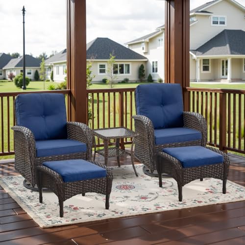 Patio Wicker Chairs Swivel Rocker - Outdoor Swivel Rocking Chairs Set of 2 with Rattan Side Table, Patio Swivel Glider Chair 3 Piece Patio Furniture Sets for Deck Porch Pool Brown/Blue