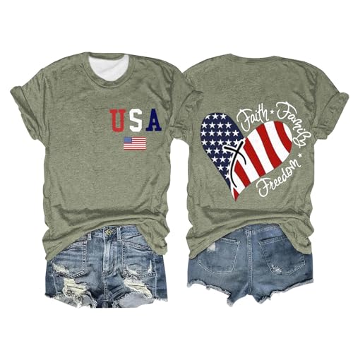 Womens USA Faith Family Freedom 4th of July Shirts Crew Neck Heart Flag Graphic Short Sleeve Tees Festival Gift