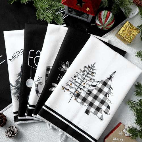 Geyoga 6 Pcs Merry Christmas Kitchen Towels Buffalo Plaid Xmas Tree Dish Towels Hand Towel Tea Towel Absorbent Soft Drying Cloth for Holiday Housewarming Gifts, 16x24 Inch(Gray White)
