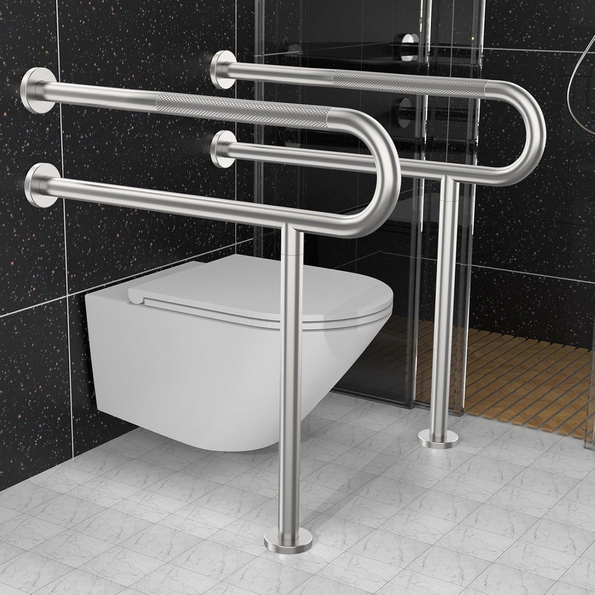 Toilet Support Rail 31.3X 31.5 Inch, Munzong Anti-Slip Satin Brushed Nickel Handicap Grab Bar for Bathroom, Stainless Steel Knurled Safety handrails with Leg for Elderly Disabled Pregnant-1.25??Tube