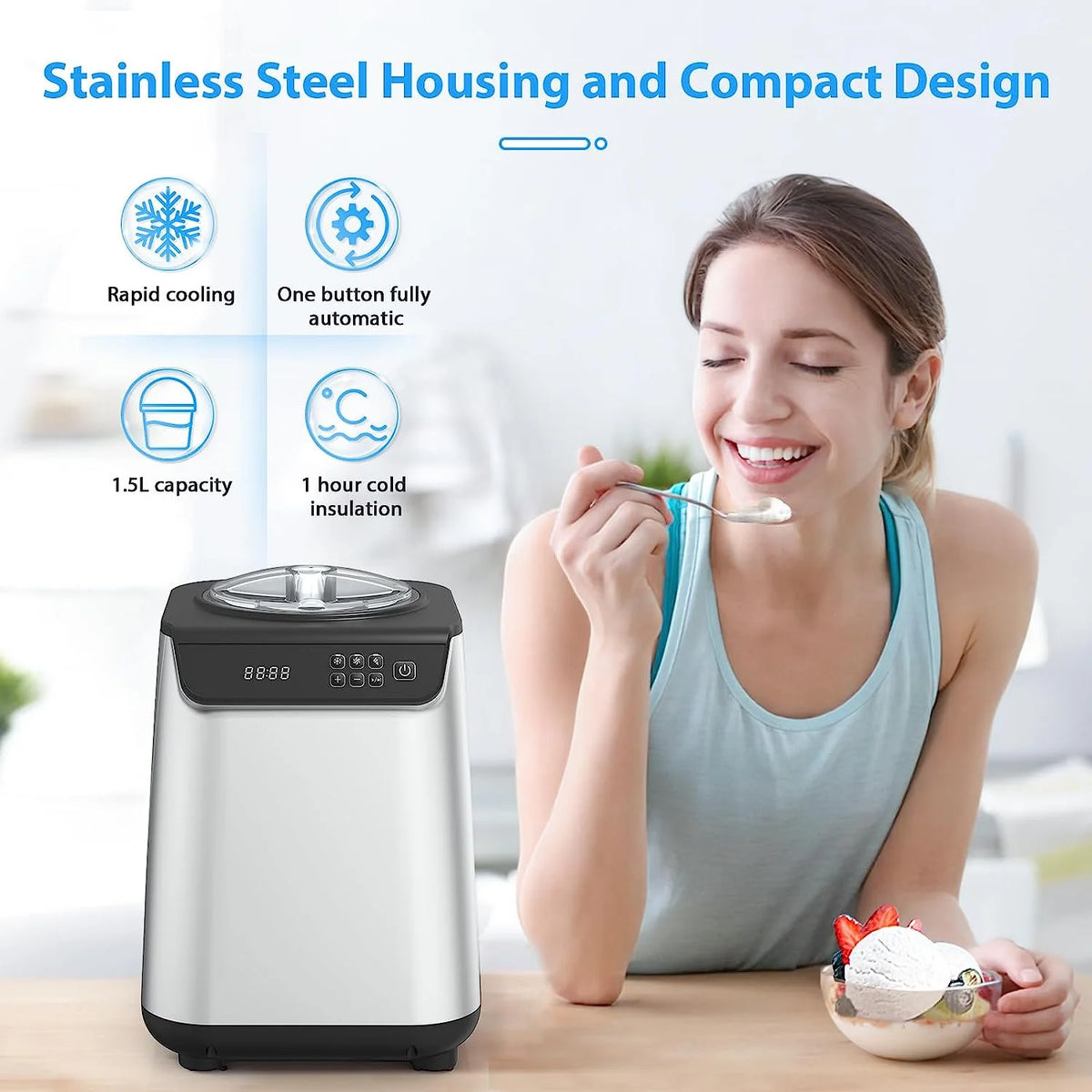 KISSAIR Upright Ice Cream Maker, Homemade Ice Cream Maker for Kids, Stainless Steel Machine with LED Display, 3 Modes for Gelato, Frozen Yogurt, Sorbet, 1.5L