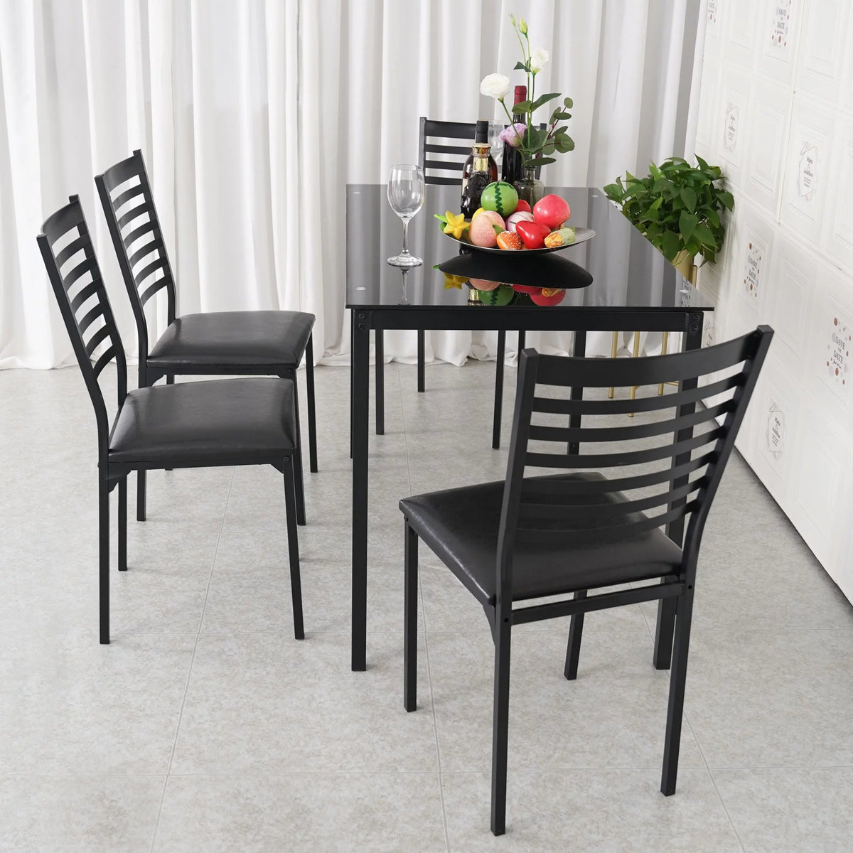 5 Piece Dining Table Set Kitchen 1 Table and 4 Upholstered Chairs Metal Frame Tempered Glass Top Black