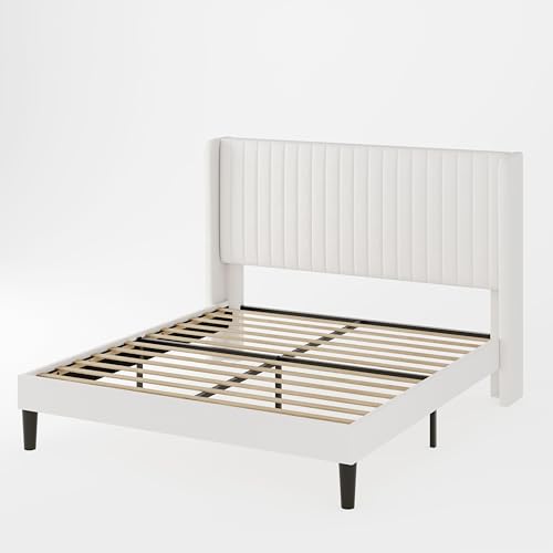 Allewie Queen Size Velvet Bed Frame/Vertical Channel Tufted Wingback Headboard/Upholstered Platform Bed/Strong Wooden Slats/No Box Spring Needed/Easy Assembly/Black