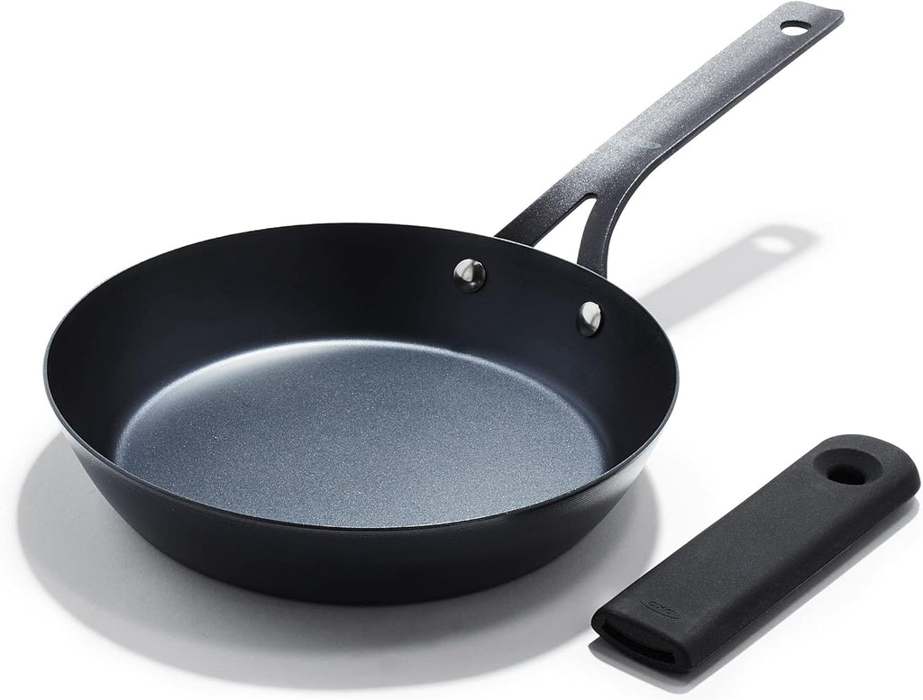 OXO Obsidian Pre-Seasoned Carbon Steel, 12 Wok Pan with Removable Silicone Handle Holder, Induction, Oven Safe, Black