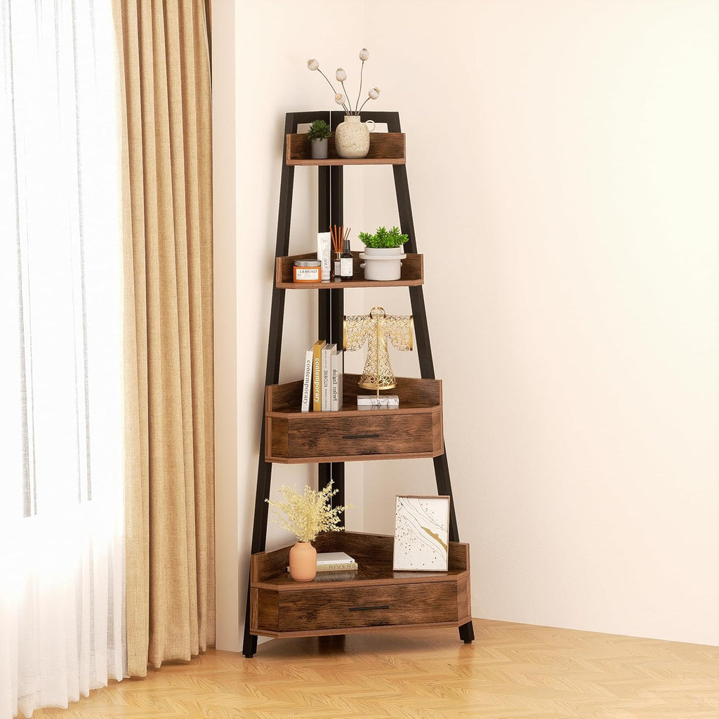Elsie&Mi 55.1 Inch Tall Corner Shelf, 4-Tire 2 Drawers Corner Cabinet, Storage Rack for Living Room, Office, Kitchen, Basement, Bedroom, Rustic Brown
