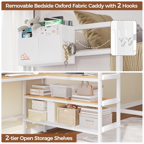 DICTAC Twin Loft Bed with L-Shaped Desk,Storage Shelves and Charging Station Metal Loft Bed Twin Size with LED Lights,Coat Rack with Drawers and Stair,Top Bunk with Safety Guardrail for Teen,Black