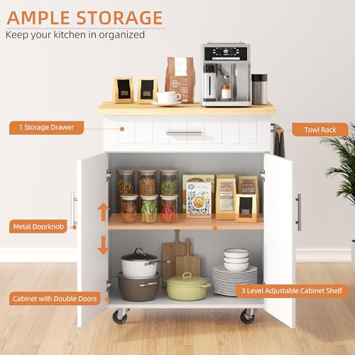 Shintenchi Kitchen Island Cart with Storage,Rolling Side Table on Wheels with Large Worktop, Cabinet,Towel Rack and Drawers for Kitchen,Dinning Room, White