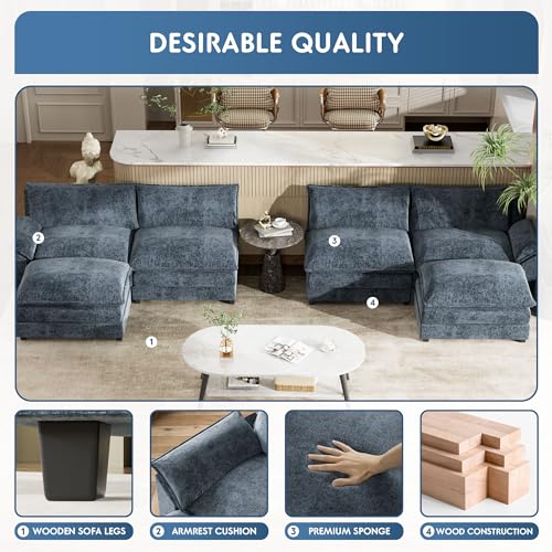 YESHOMY Sectional Modular Sofa U Shaped Chenille Fabric Couch with High Supportive & Soft Sponges and Removable Ottoman, Sleeper Comfy Upholstered Furniture for Living Room, Grey
