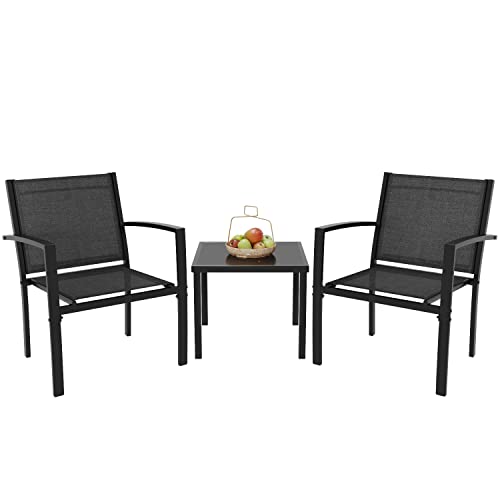 Greesum 4 Pieces Patio Furniture Set, Outdoor Conversation Sets for Patio, Lawn, Garden, Poolside with A Glass Coffee Table, Black