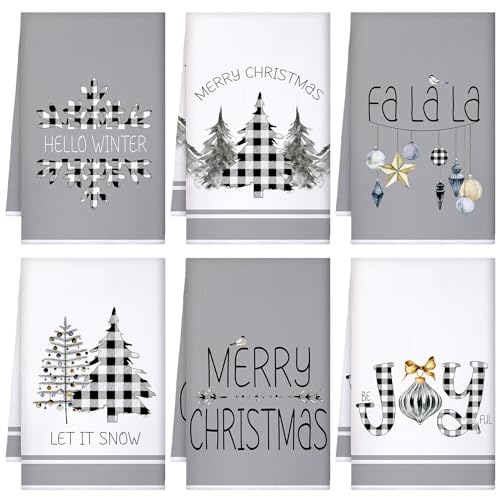 Geyoga 6 Pcs Merry Christmas Kitchen Towels Buffalo Plaid Xmas Tree Dish Towels Hand Towel Tea Towel Absorbent Soft Drying Cloth for Holiday Housewarming Gifts, 16x24 Inch(Gray White)