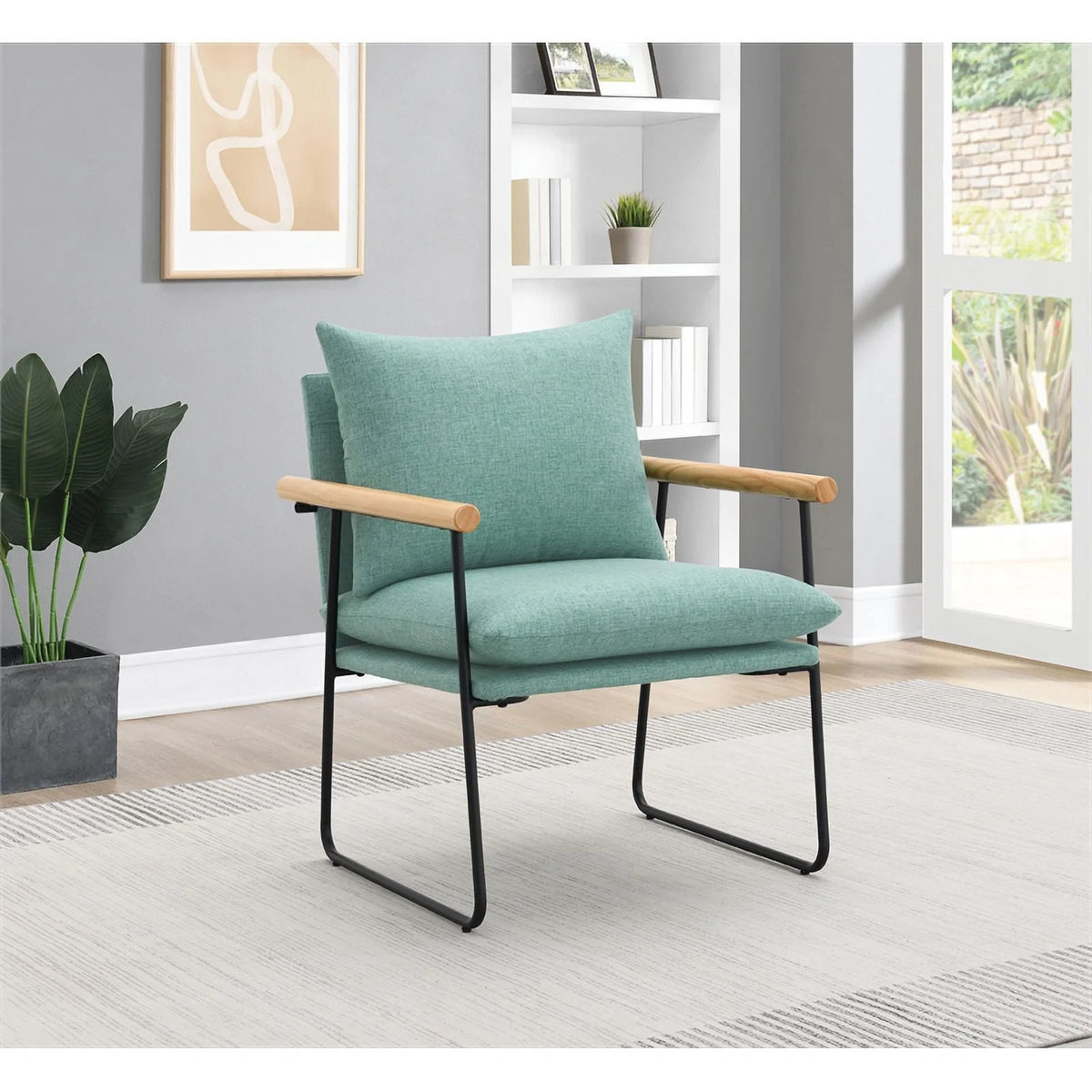 Dutton Armchair in Sage Green Fabric with Natural Arms and Black Sled Base