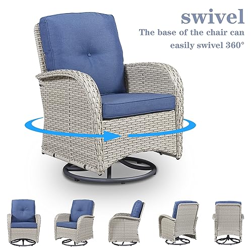 Patio Wicker Chairs Swivel Rocker - Outdoor Swivel Rocking Chairs Set of 2 with Rattan Side Table, Patio Swivel Glider Chair 3 Piece Patio Furniture Sets for Deck Porch Pool Brown/Blue