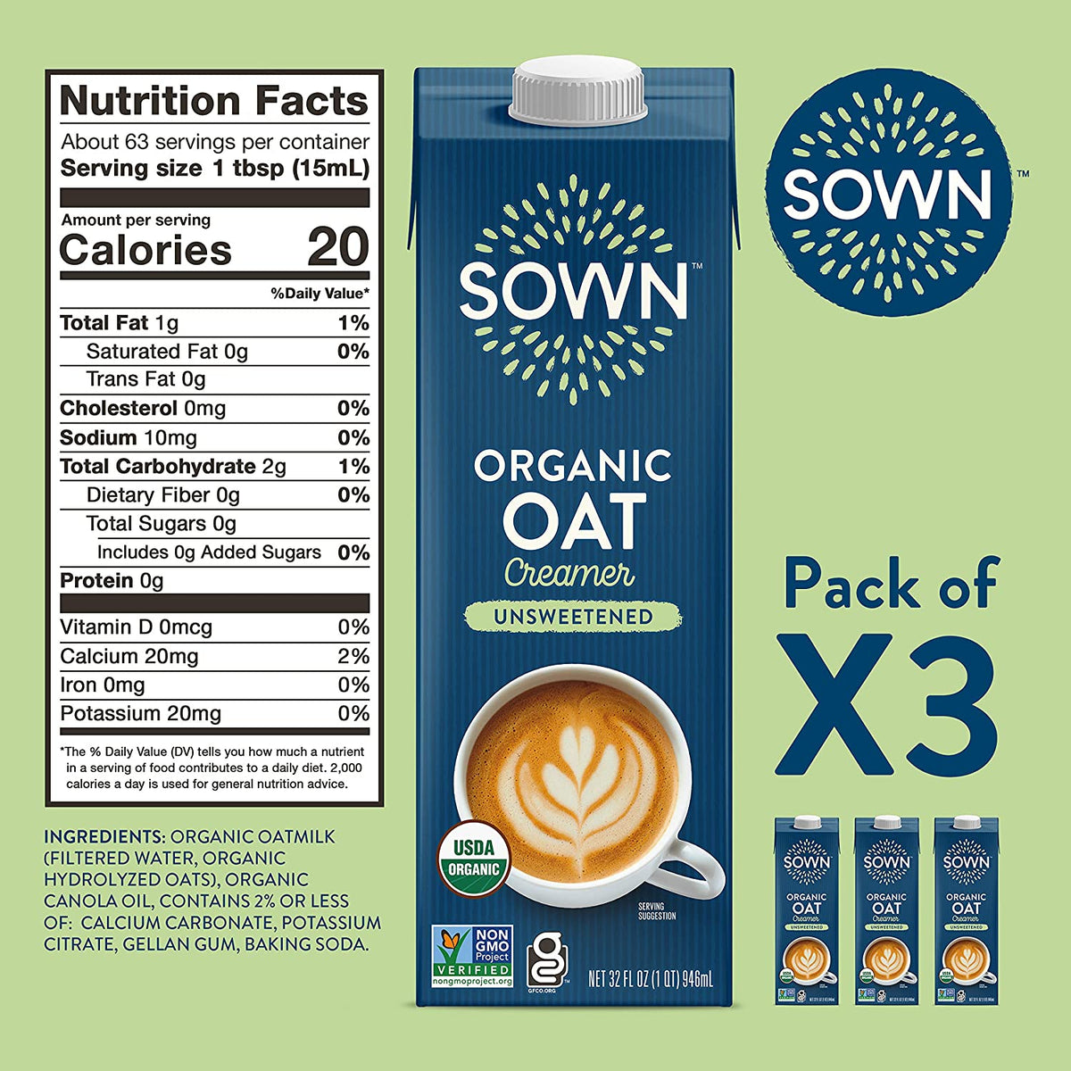 SOWN Organic Oat Creamer Unsweetened - Barista Oat Milk Non Dairy Coffee Creamer - Plant Based, Dairy-Free, Vegan, 0g Added Sugar, Gluten-Free, Non-GMO, Shelf Stable - 32oz (Pack of 6)