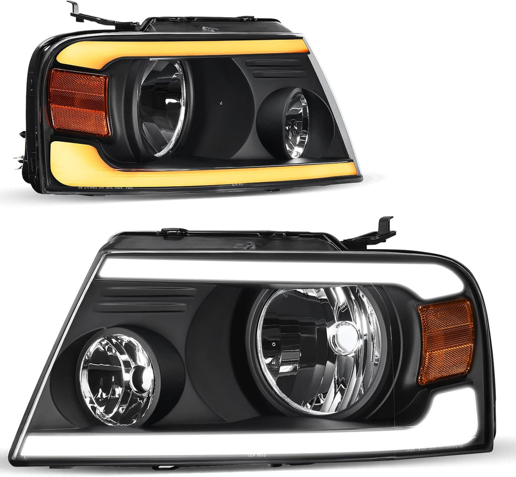 AUTOSAVER88 Switchback LED Tube Headlights Assembly Compatible with 2004 2005 2006 2007 2008 Ford F150 F-150 DRL Headlamp Replacement Pair with Amber Reflector