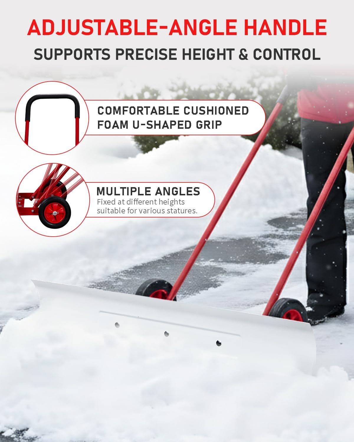 Outvita Snow Shovel with Wheels, 29 Wide 18 Long Snow Plow Shovel Angle & Height Adjustable Padded Handle Efficient Snow Clean Tool for Driveway or Pavement (Yellow)