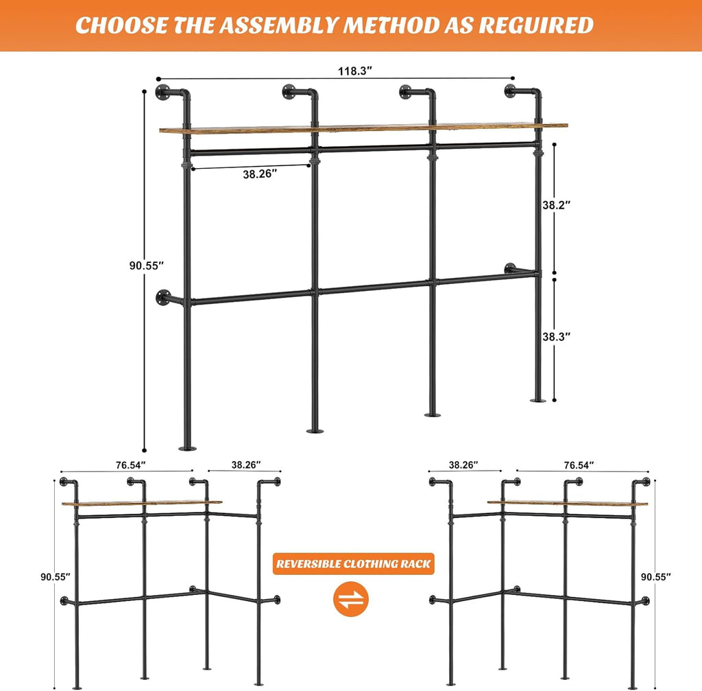 Aheaplus Industrial Pipe Clothing Rack, Reversible 79.7” Clothes Rack for Hanging Clothes, Heavy Duty Garment Racks Closet Wardrobe with LED Lights& Shelves, Walk-in Closet System, Black