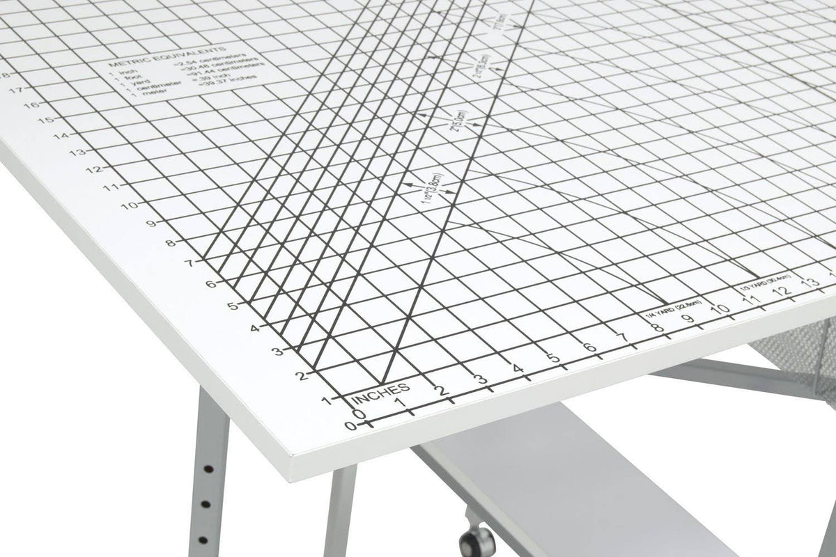 Sew Ready Mobile Folding Height Adjustable Quilting Fabric Cutting Table with Sewing Board Grid and Storage in Silver/White Top