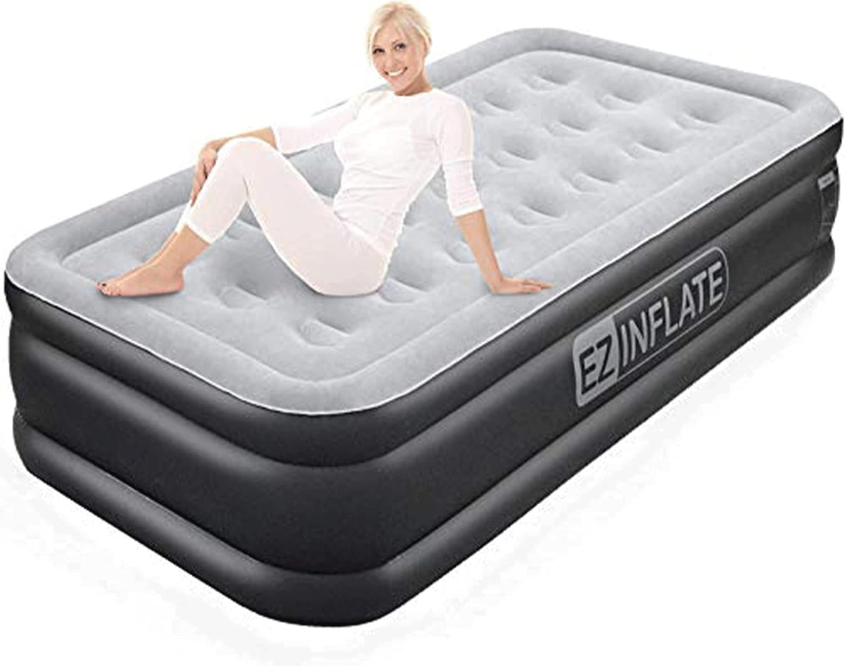 EZ Inflate Air Mattress with Built in Pump - Twin Size Double-High Inflatable Mattress with Flocked Top - Easy Inflate, Waterproof, Portable Blow Up Bed for Camping & Travel