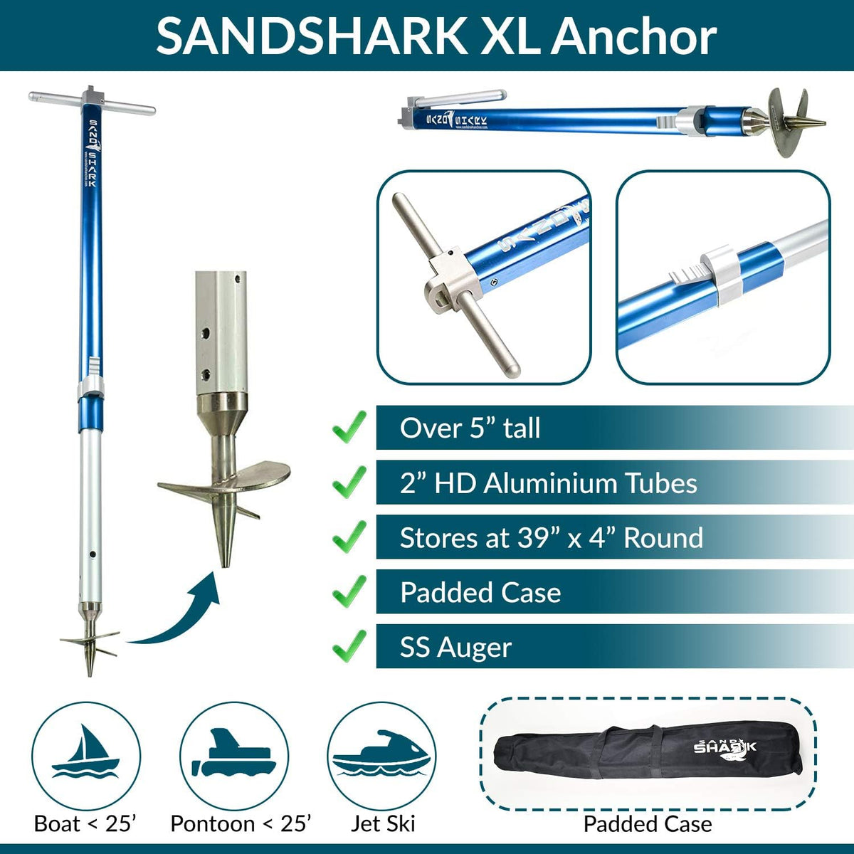 Ultimate XL Boat Sand Anchor by SandShark. Adjustable, Folds Up for Compact Storage. Screw Auger Design Holds & Protects Boats and Pontoons. Secures in Shallow Water, Beach, Sandbar w/Case