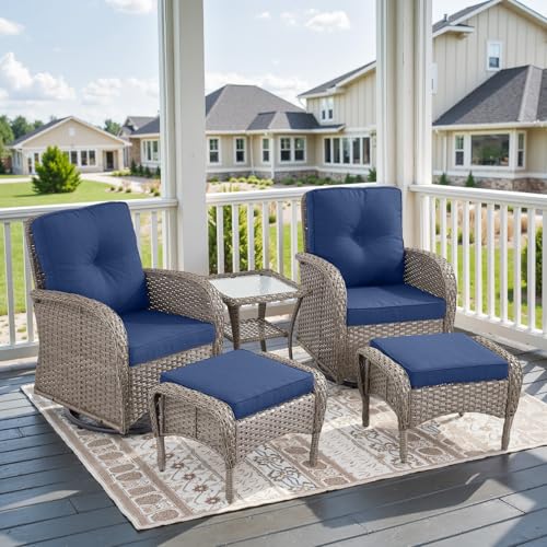 Patio Wicker Chairs Swivel Rocker - Outdoor Swivel Rocking Chairs Set of 2 with Rattan Side Table, Patio Swivel Glider Chair 3 Piece Patio Furniture Sets for Deck Porch Pool Brown/Blue