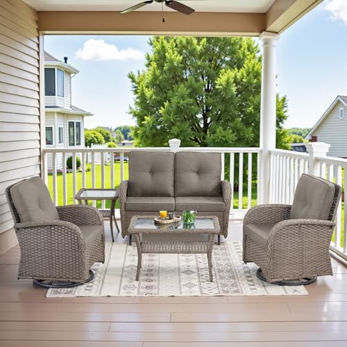 Patio Wicker Chairs Swivel Rocker - Outdoor Swivel Rocking Chairs Set of 2 with Rattan Side Table, Patio Swivel Glider Chair 3 Piece Patio Furniture Sets for Deck Porch Pool Brown/Blue