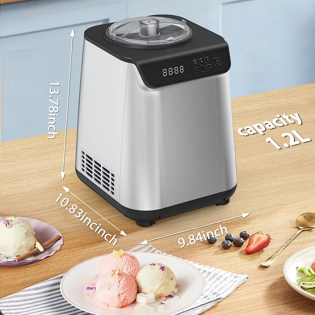 KISSAIR Upright Ice Cream Maker, Homemade Ice Cream Maker for Kids, Stainless Steel Machine with LED Display, 3 Modes for Gelato, Frozen Yogurt, Sorbet, 1.5L