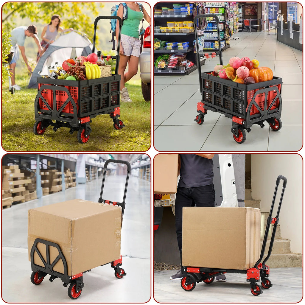 LAZY BUDDY Folding Hand Truck Dolly, 2-in-1 Heavy-duty Platform Cart with 22 Folding Basket, Collapsible Utility Luggage Dolly Cart, Red, 330LBS