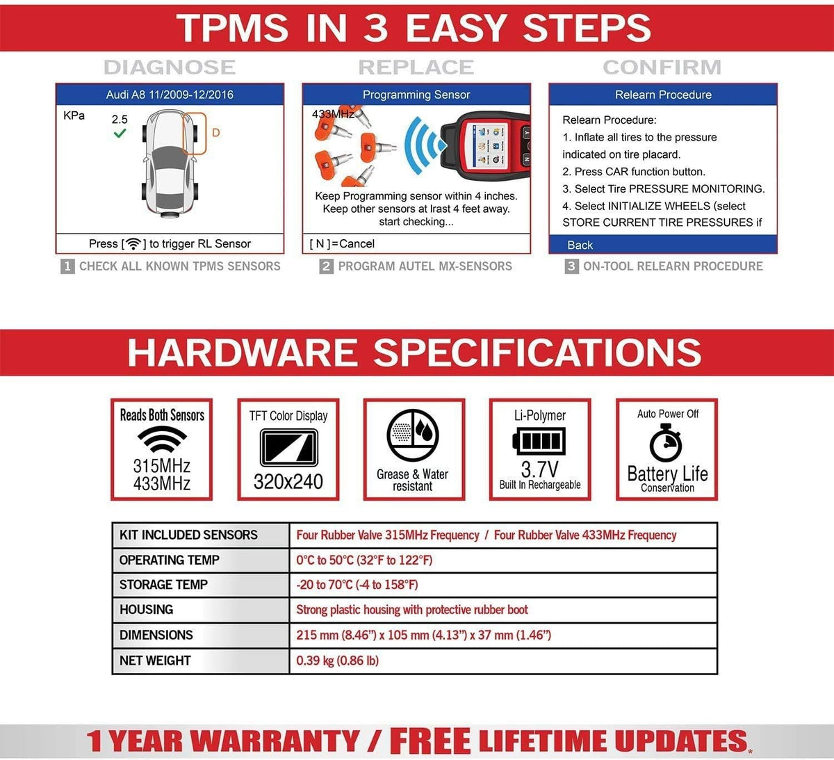 Autel MaxiTPMS TS508 with Free Screen Wiper Relearn Tool TPMS Programming TPMS Reset Sensor Activation Key Fob Testing Relearn by OBD Tire Type/Pressure Selection Advanced TS408