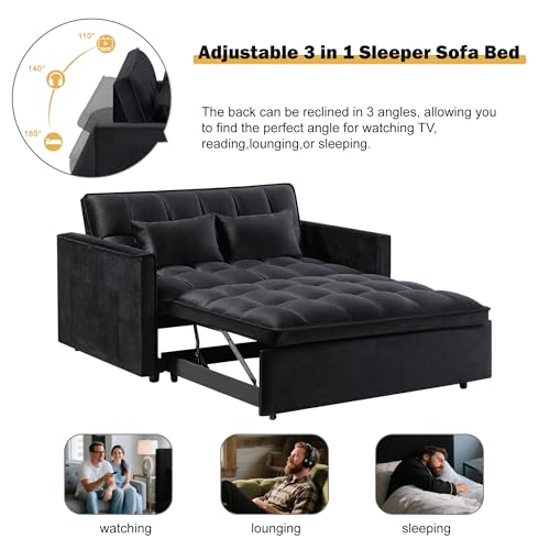 3 in 1 Sleeper Sofa Bed, Futon Sofa Bed for Living Room with Side Pocket, Black Sleepers Sofa Couch with Pullout Bed, Convertible Love Seat Sleepers Bed for Living Room, Bedroom, Small Space