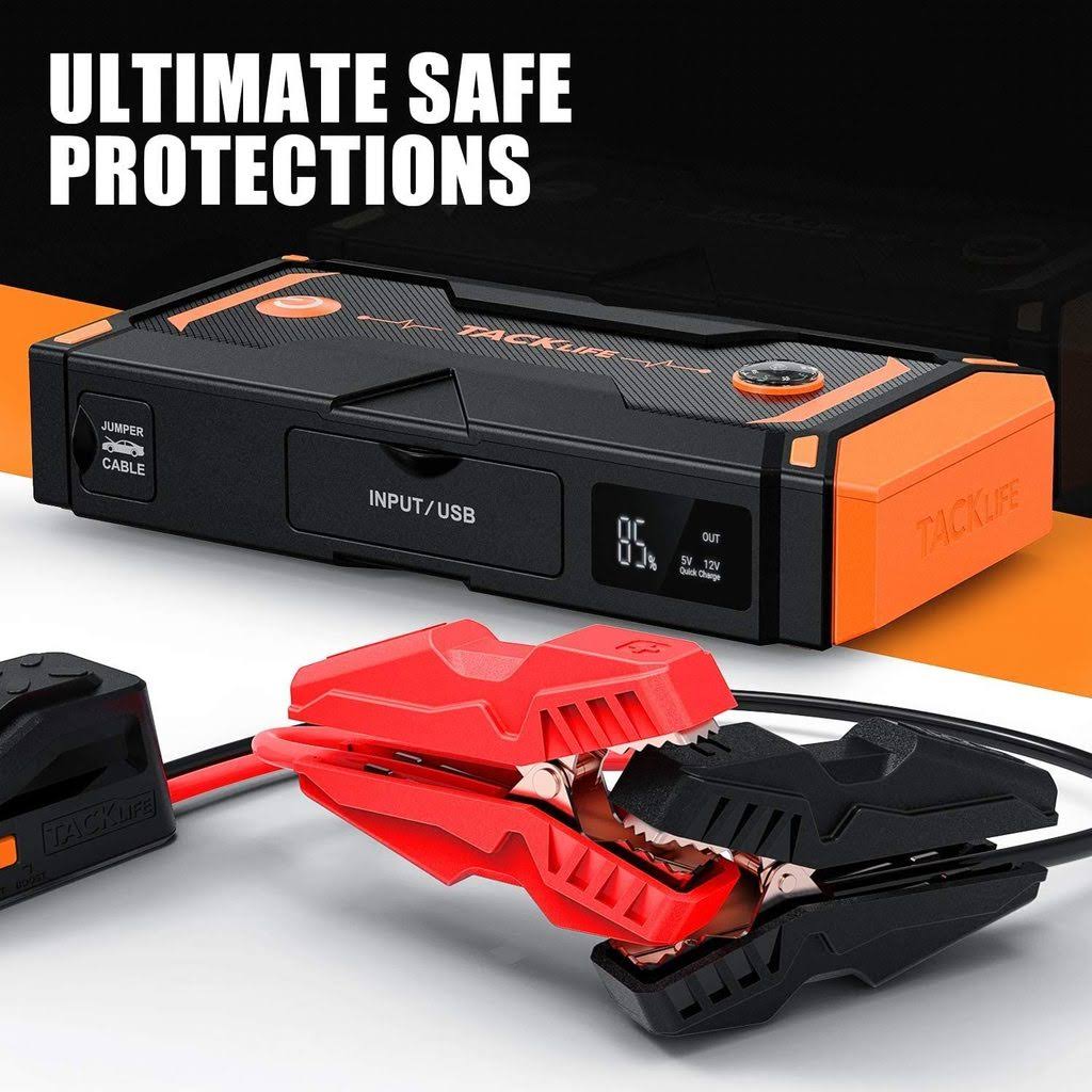 Tacklife T8 Pro 1200A Peak 18000mAh Water-Resistant Car Jump Starter with LCD Screen, Orange