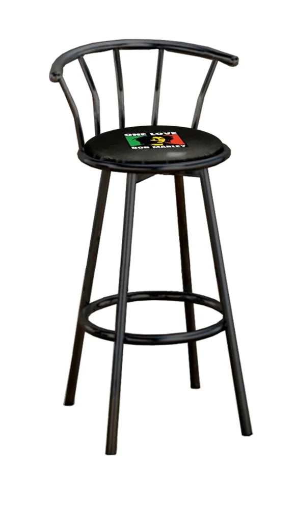 The Furniture King Bar Stool 29 Tall Black Metal Finish with a Music Themed Decal (Bob Marley - Black)