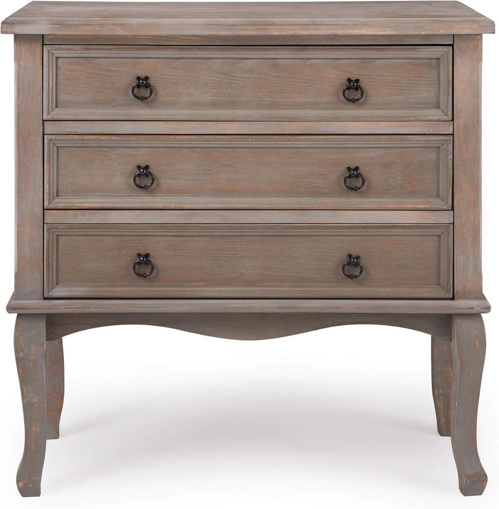 ClickDecor Thomas Antique Country Style Dresser Chest with 3 Drawers, Weathered Wood Nightstand Living Room Accent Furniture, Black Ring Handle, Curved Legs, Gray