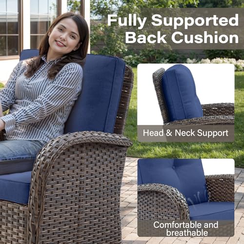Patio Wicker Chairs Swivel Rocker - Outdoor Swivel Rocking Chairs Set of 2 with Rattan Side Table, Patio Swivel Glider Chair 3 Piece Patio Furniture Sets for Deck Porch Pool Brown/Blue