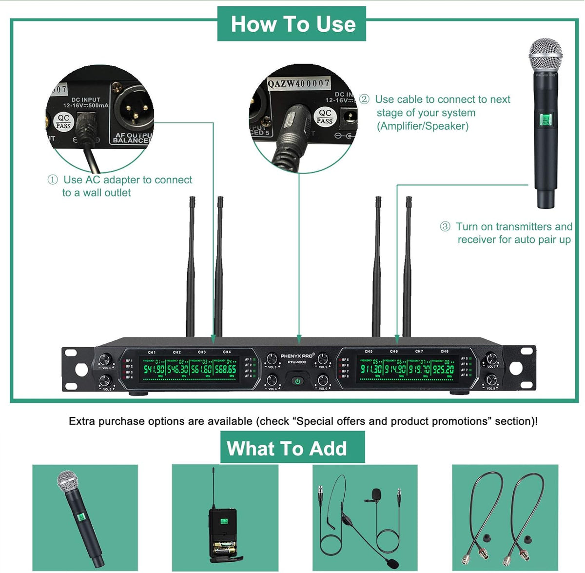 Wireless Microphone System, Phenyx Pro 8-Channel UHF Cordless Mic Set with Eight Handheld Mics, Fixed Frequency, All Metal Build, Long Range 260ft, Ideal for Karaoke,Church,Events (PTU-4000A)