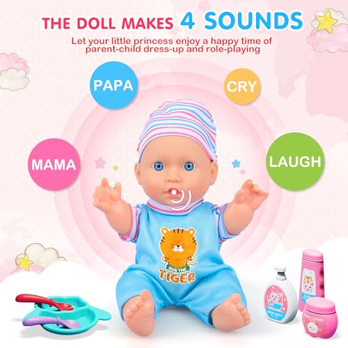 Baby Doll Toys Set, 14 Doll Toys, 25Pcs Dolls Care Toy Playset, Toddlers Toy Doll Set Incl Cradle Crib, High Chair, Milk Bottle, Pacifier, Diaper, Baby Gift for Age 3 4 5 6+ Years Old Girls Boys