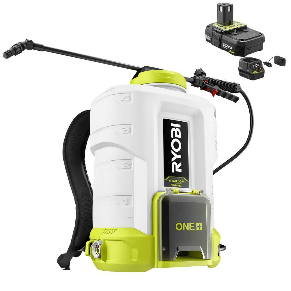 Ryobi P2860 One+ 18V Lithium-Ion Cordless 4 gal. Battery Backpack Chemical Sprayer - 2.0 Ah Battery and Charger Included